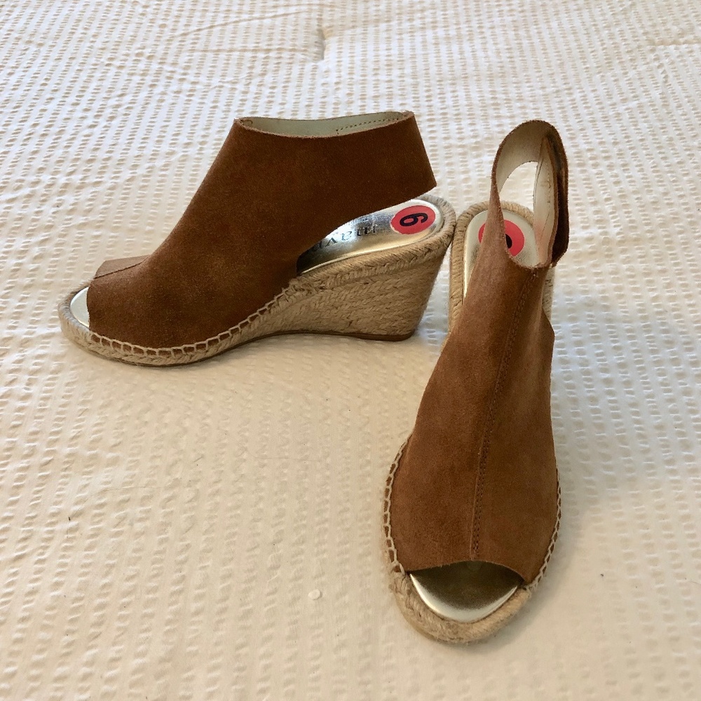 Tan Suede, Peep toe Wedge Sandal with rope 3 1/5" heal, Size 6.5